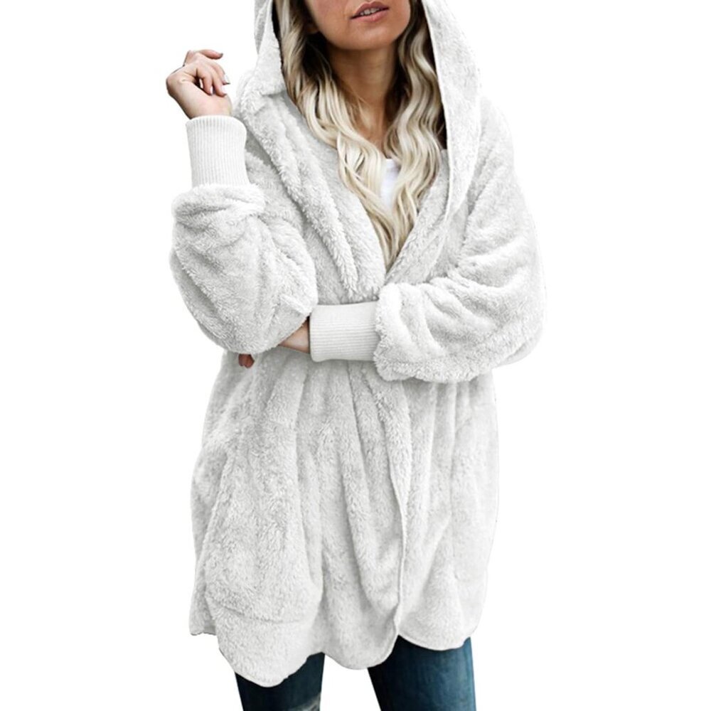 Womens Fleece Open Front Hooded Cardigan Coat Winter Casual Plus Size